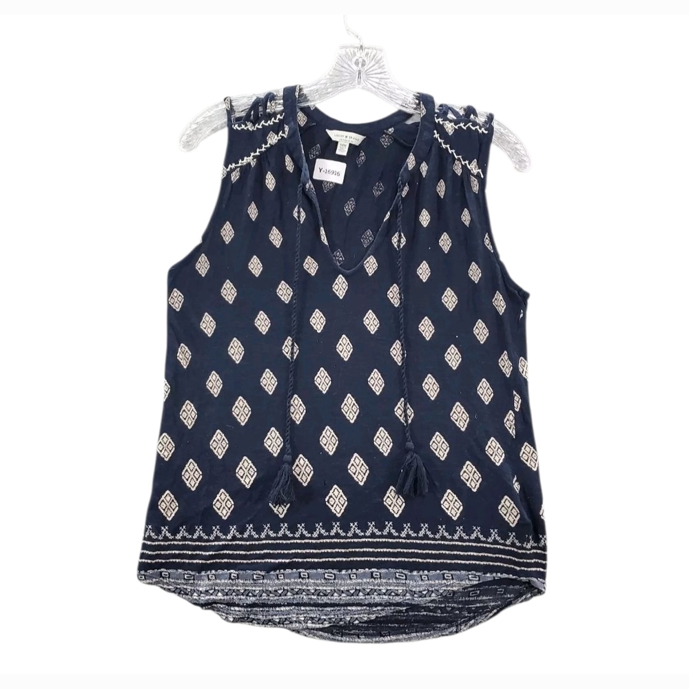 Lucky Brand Navy and White V-Neck Top 100% Viscose NWOT Tassels Med